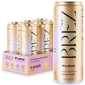 BREZ FLOW Lion’s Mane Mushroom Drink, 6-Pack, Non-Infused, Adaptogens, Relieving, Uplifting, and Social, Sparkling Lemon Elderflower Tonic 12 Fl oz