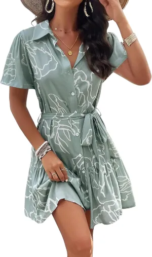 BROVAVE Women's Summer Casual Shirt Dress Short Sleeve V Neck Tie Waist Button Down Mini Dress