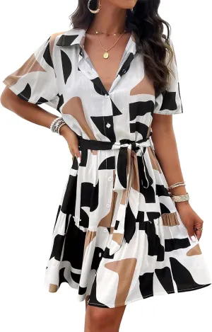 BROVAVE Women's Summer Casual Shirt Dress Short Sleeve V Neck Tie Waist Button Down Mini Dress