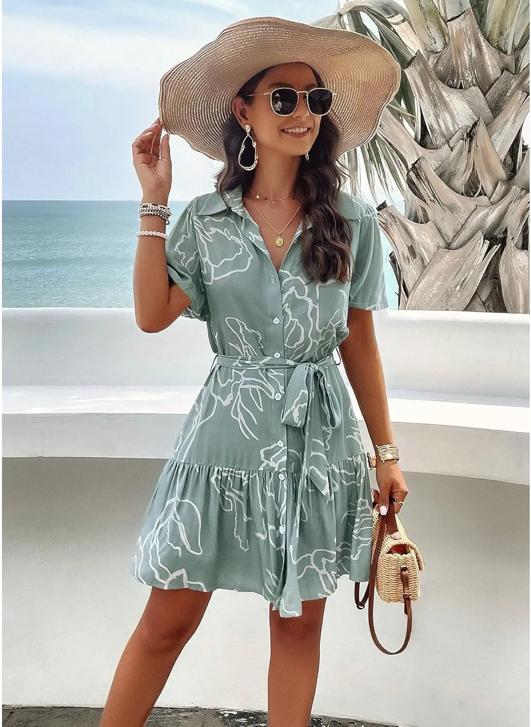 BROVAVE Women's Summer Casual Shirt Dress Short Sleeve V Neck Tie Waist Button Down Mini Dress