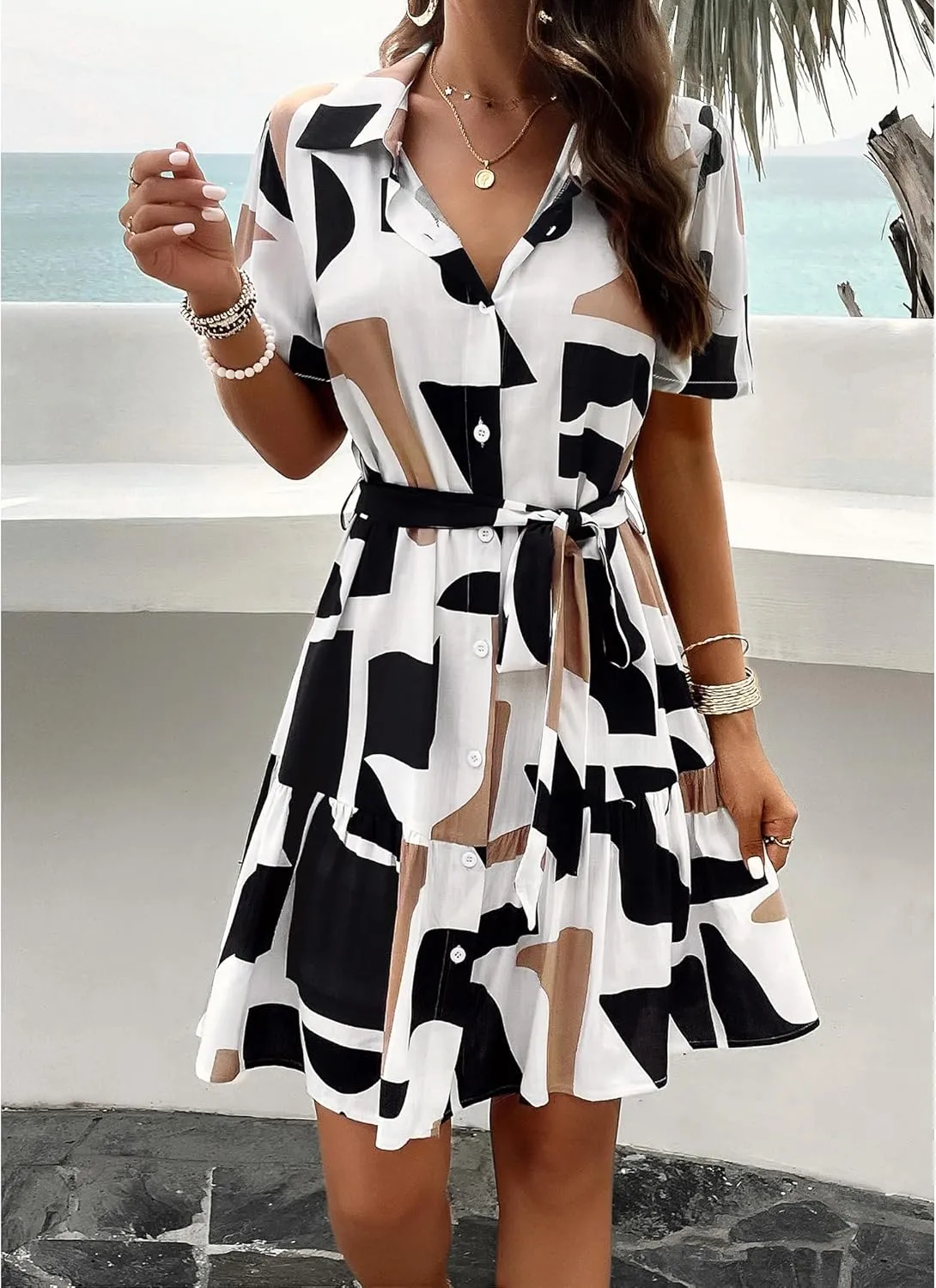 BROVAVE Women's Summer Casual Shirt Dress Short Sleeve V Neck Tie Waist Button Down Mini Dress