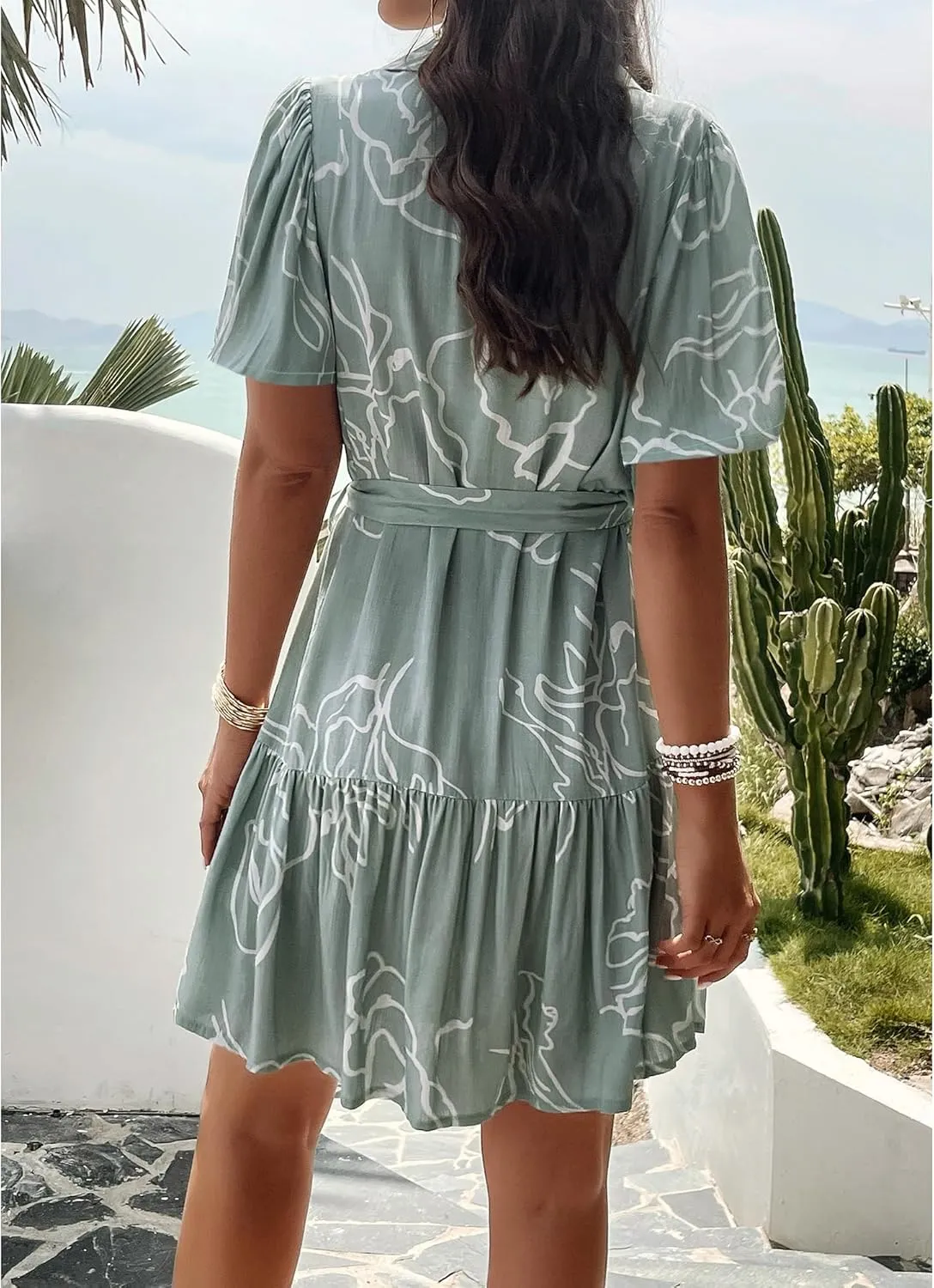 BROVAVE Women's Summer Casual Shirt Dress Short Sleeve V Neck Tie Waist Button Down Mini Dress