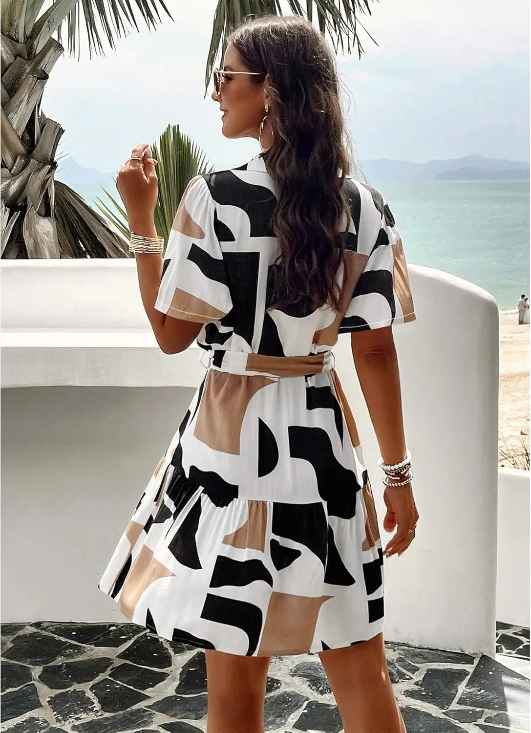 BROVAVE Women's Summer Casual Shirt Dress Short Sleeve V Neck Tie Waist Button Down Mini Dress
