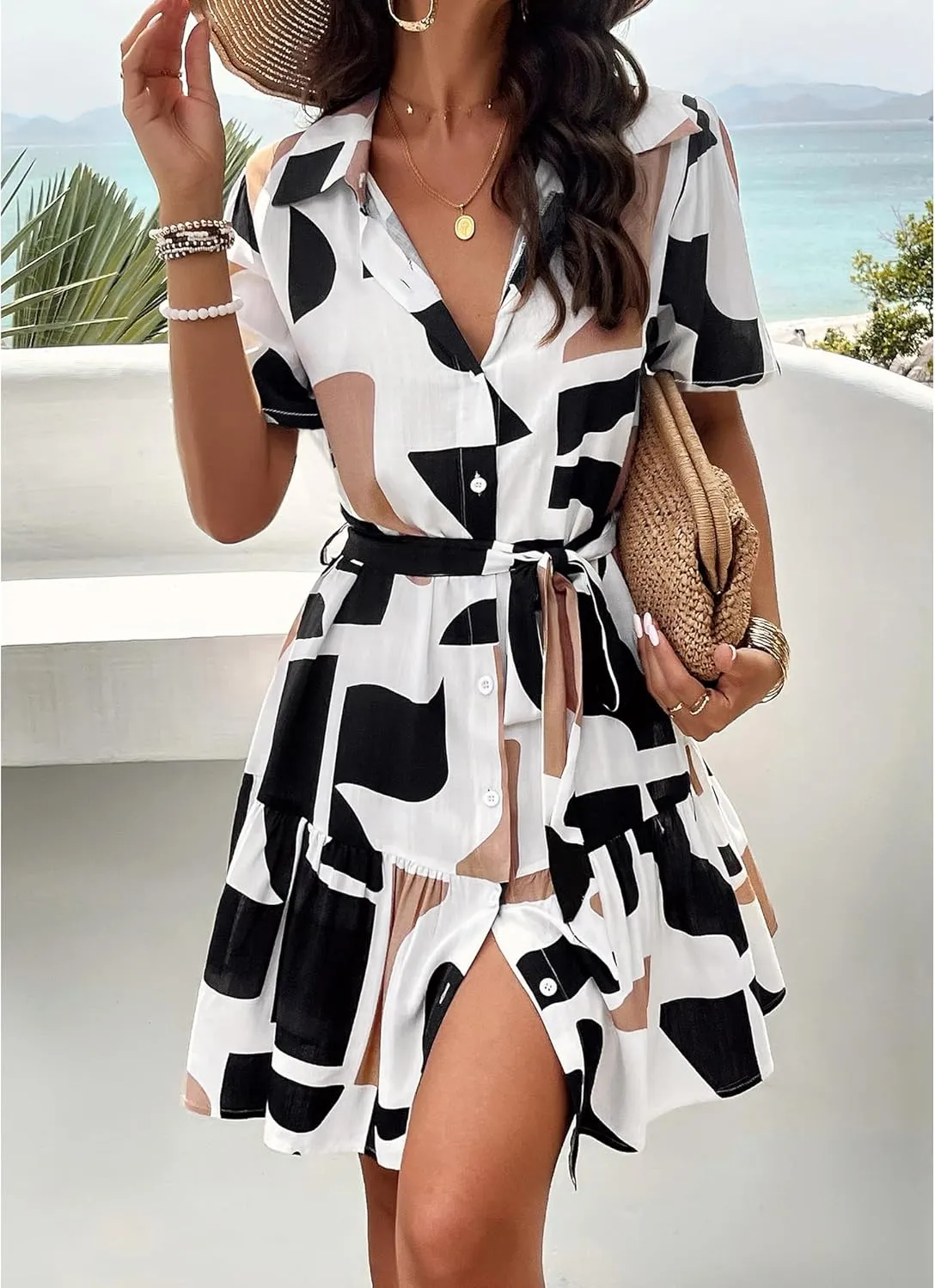 BROVAVE Women's Summer Casual Shirt Dress Short Sleeve V Neck Tie Waist Button Down Mini Dress