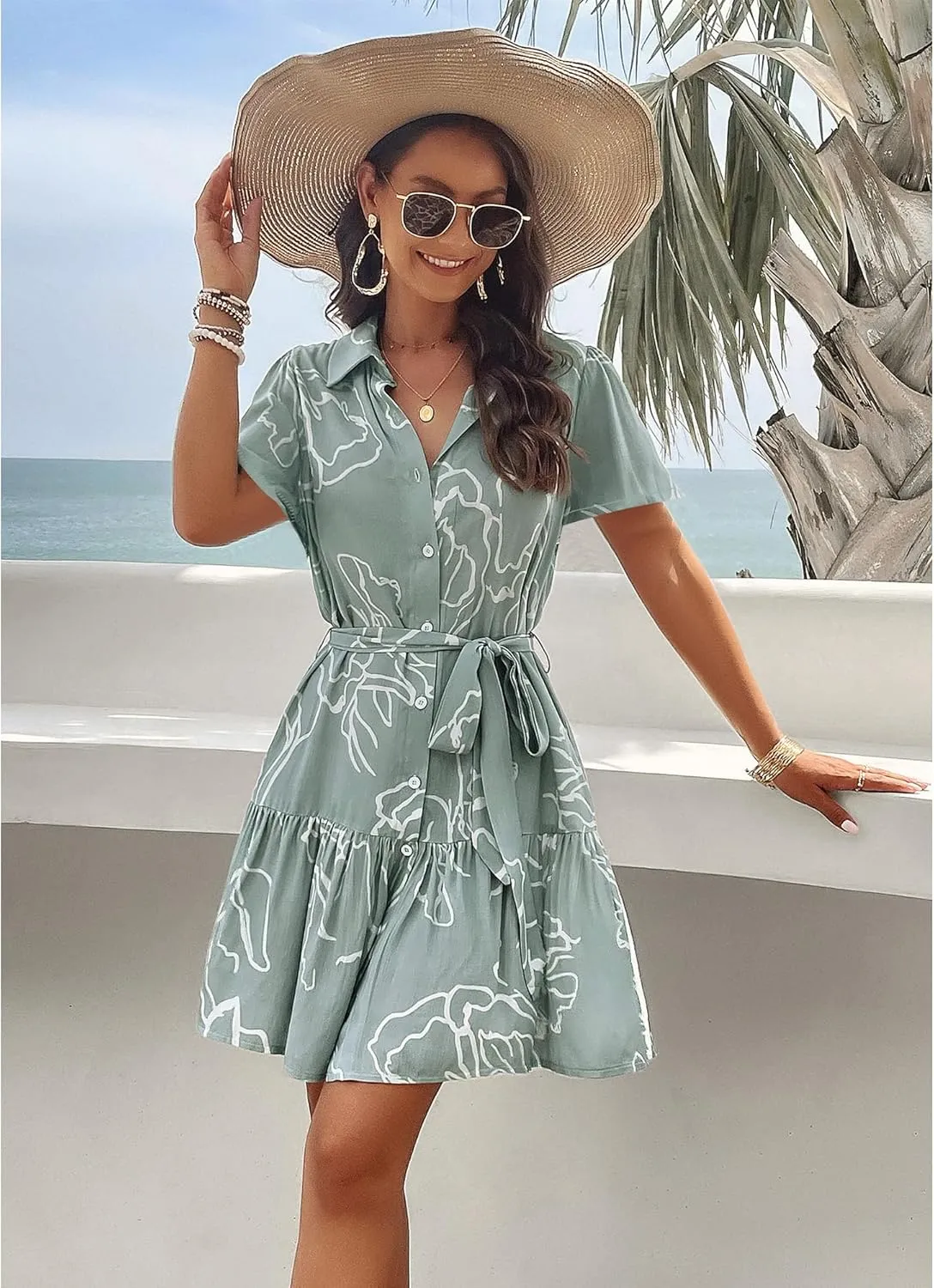 BROVAVE Women's Summer Casual Shirt Dress Short Sleeve V Neck Tie Waist Button Down Mini Dress