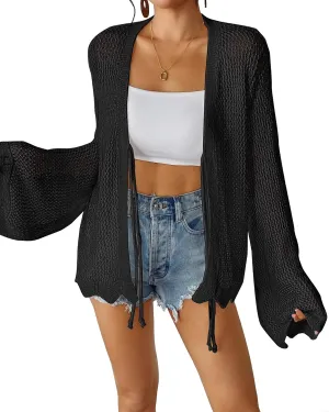 Bsubseach Women Tie Front Crochet Cardigan Lightweight Summer Knit Cardigans Long Sleeve Beach Cover Up Black XL