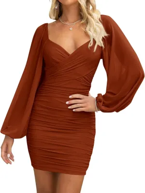 BTFBM 2025 Womens Summer Spring Bodycon Dress Cross V Neck Ruched Mesh Long Sleeve Party Short Formal Cocktail Dresses