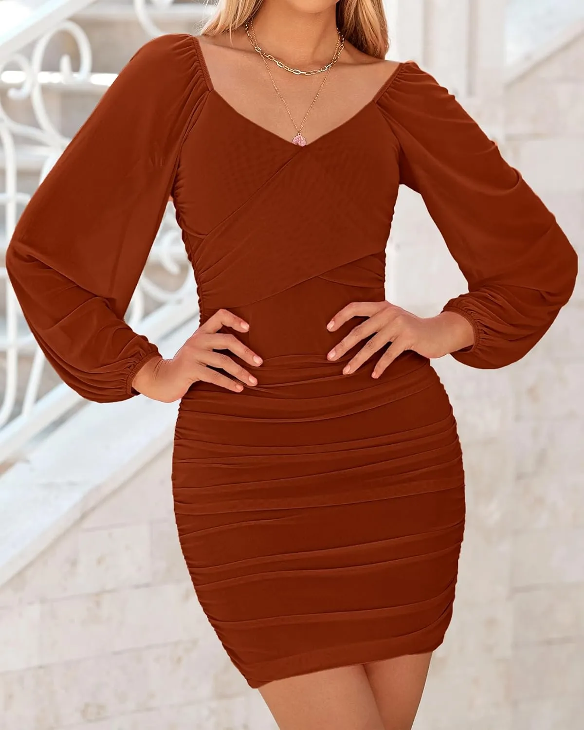 BTFBM 2025 Womens Summer Spring Bodycon Dress Cross V Neck Ruched Mesh Long Sleeve Party Short Formal Cocktail Dresses