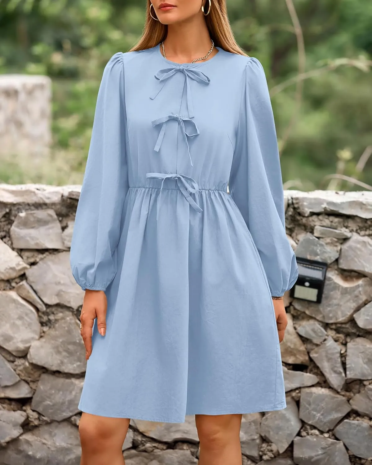 BTFBM Women's Casual Short Dress 2025 Bow Tie Front Puff Long Sleeve Button A Line Cute Y2K Going Out Dresses Pockets