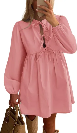 BTFBM Women's Casual Short Dress 2025 Bow Tie Front Puff Long Sleeve Button A Line Cute Y2K Going Out Dresses Pockets