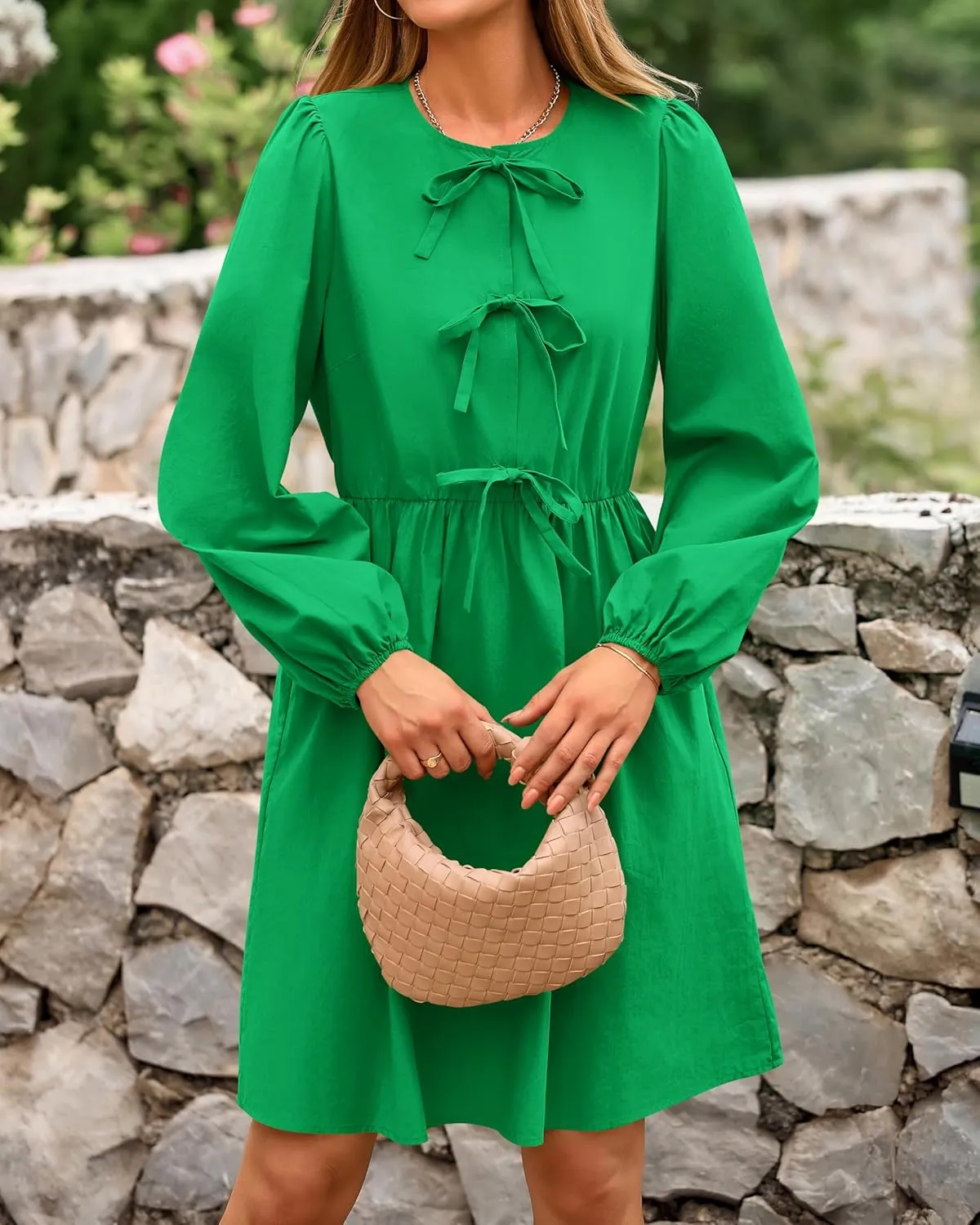 BTFBM Women's Casual Short Dress 2025 Bow Tie Front Puff Long Sleeve Button A Line Cute Y2K Going Out Dresses Pockets