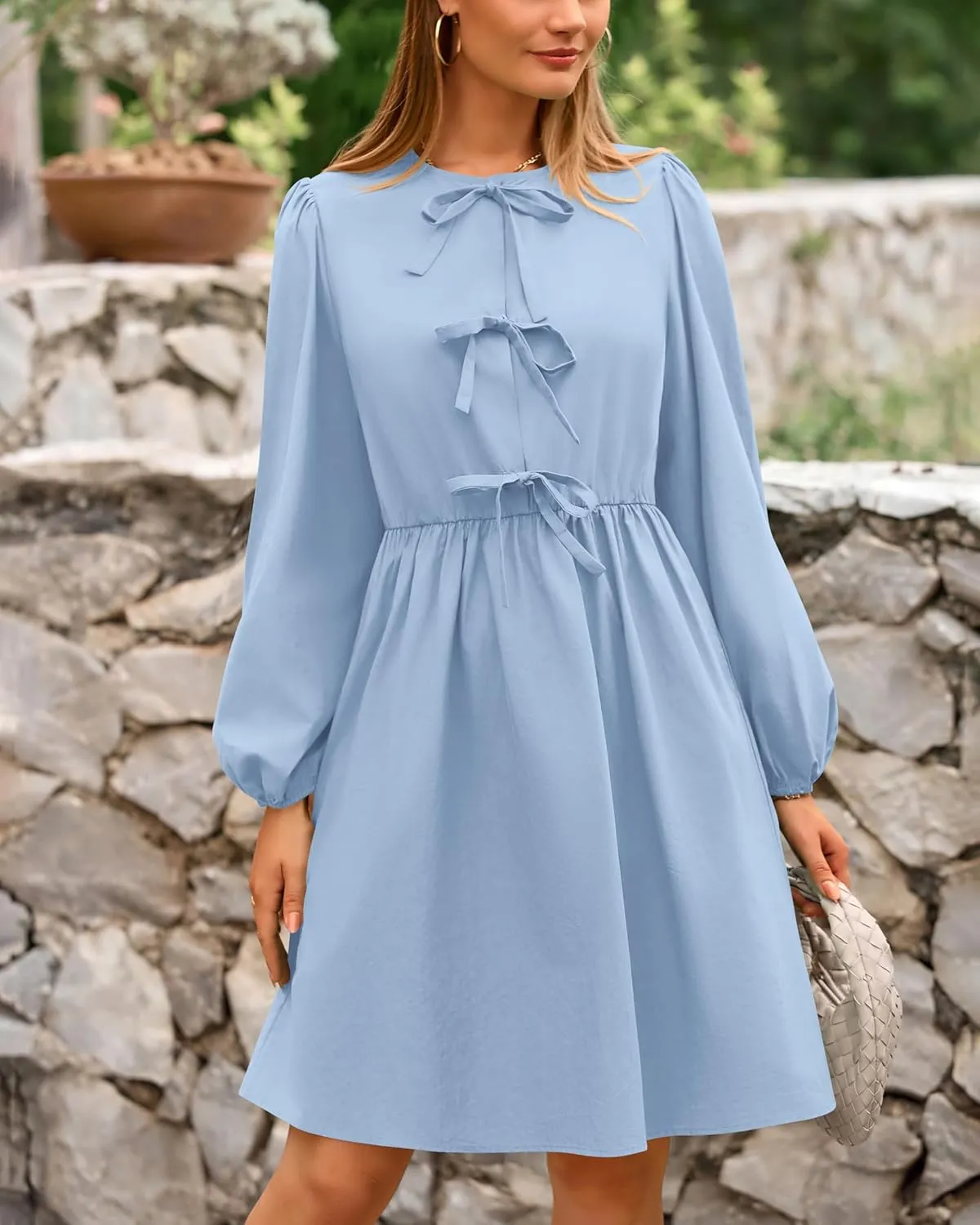 BTFBM Women's Casual Short Dress 2025 Bow Tie Front Puff Long Sleeve Button A Line Cute Y2K Going Out Dresses Pockets
