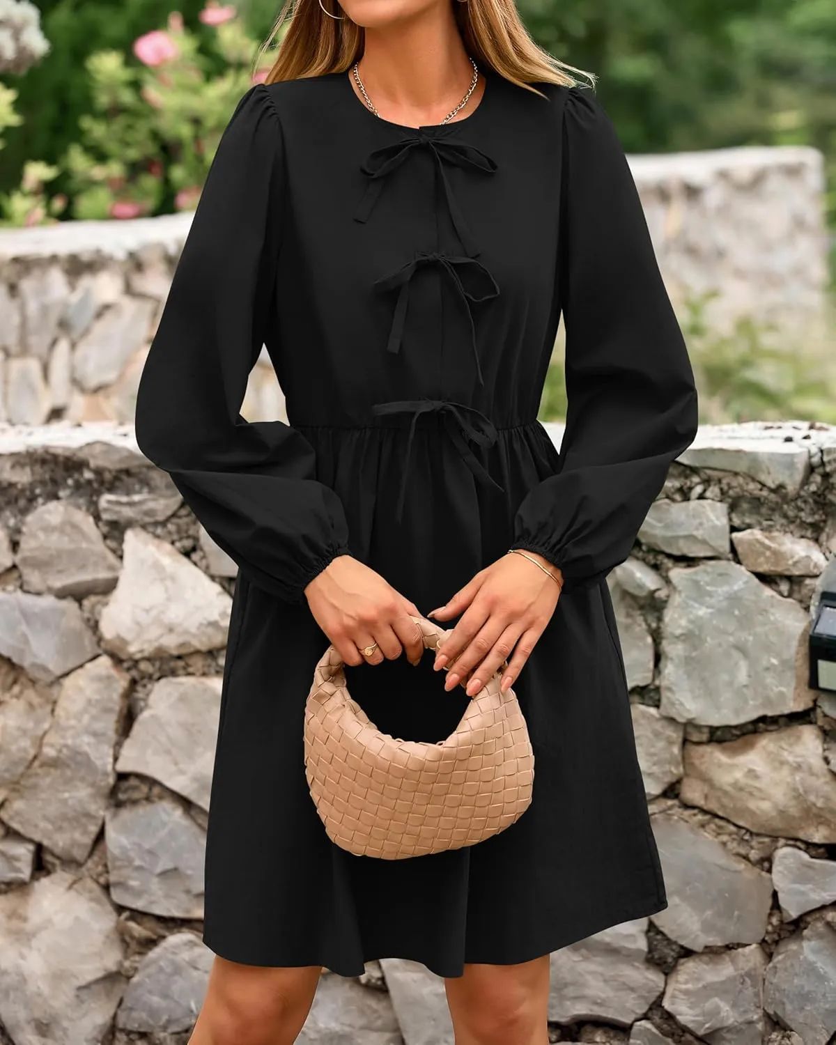 BTFBM Women's Casual Short Dress 2025 Bow Tie Front Puff Long Sleeve Button A Line Cute Y2K Going Out Dresses Pockets