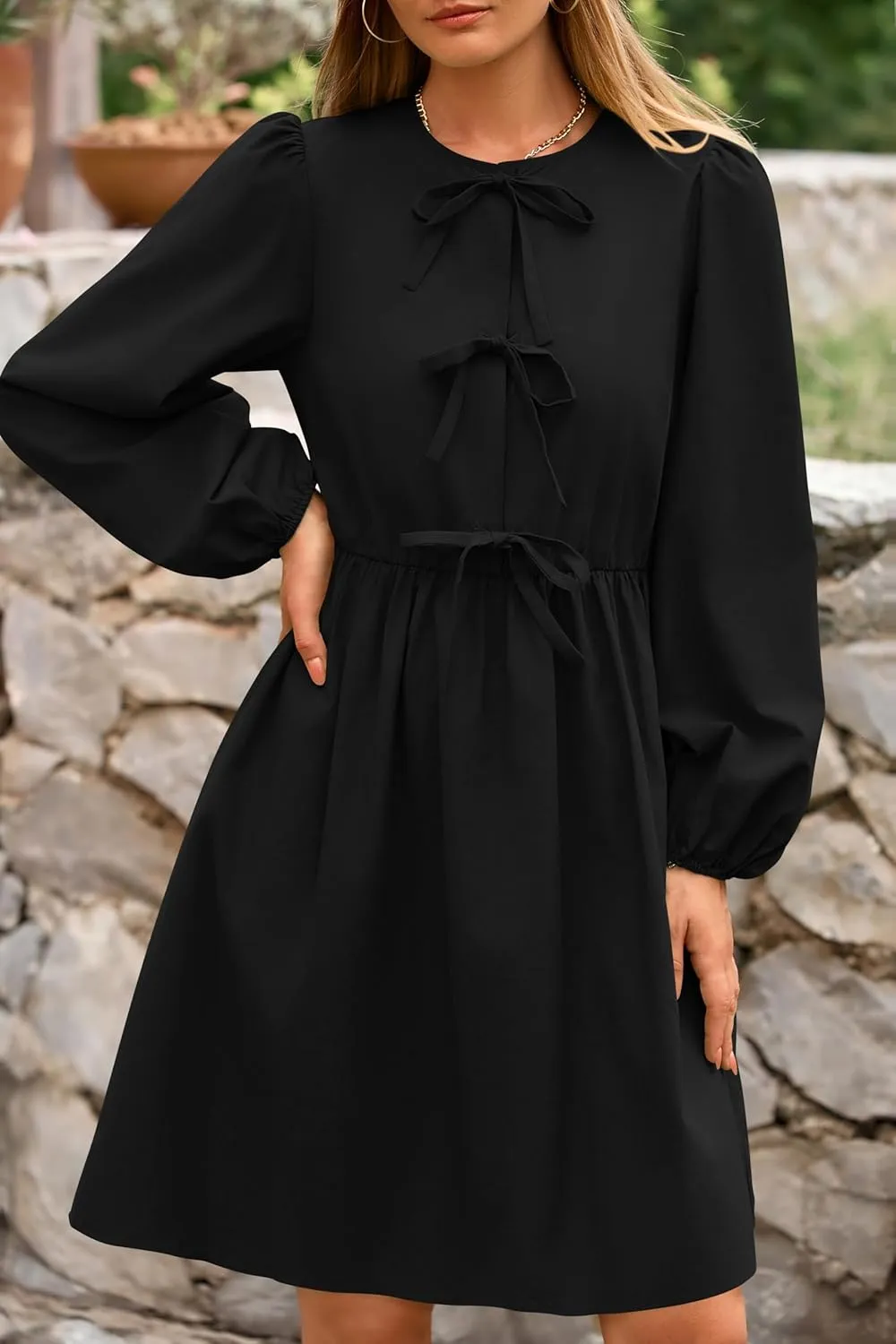 BTFBM Women's Casual Short Dress 2025 Bow Tie Front Puff Long Sleeve Button A Line Cute Y2K Going Out Dresses Pockets