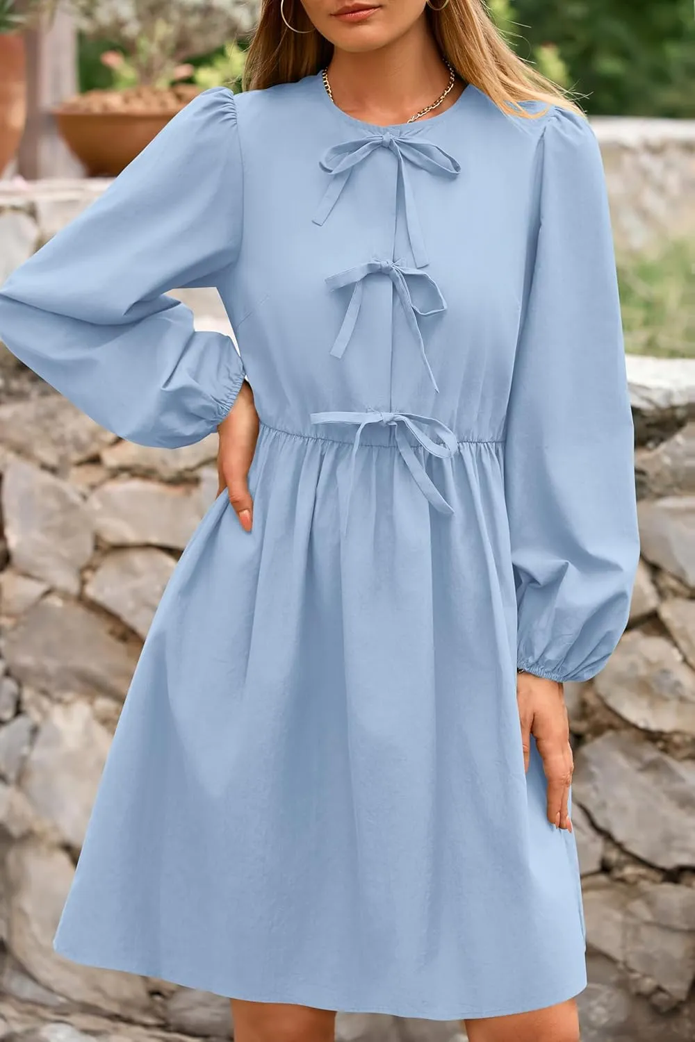 BTFBM Women's Casual Short Dress 2025 Bow Tie Front Puff Long Sleeve Button A Line Cute Y2K Going Out Dresses Pockets