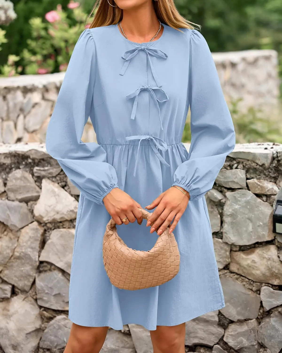 BTFBM Women's Casual Short Dress 2025 Bow Tie Front Puff Long Sleeve Button A Line Cute Y2K Going Out Dresses Pockets
