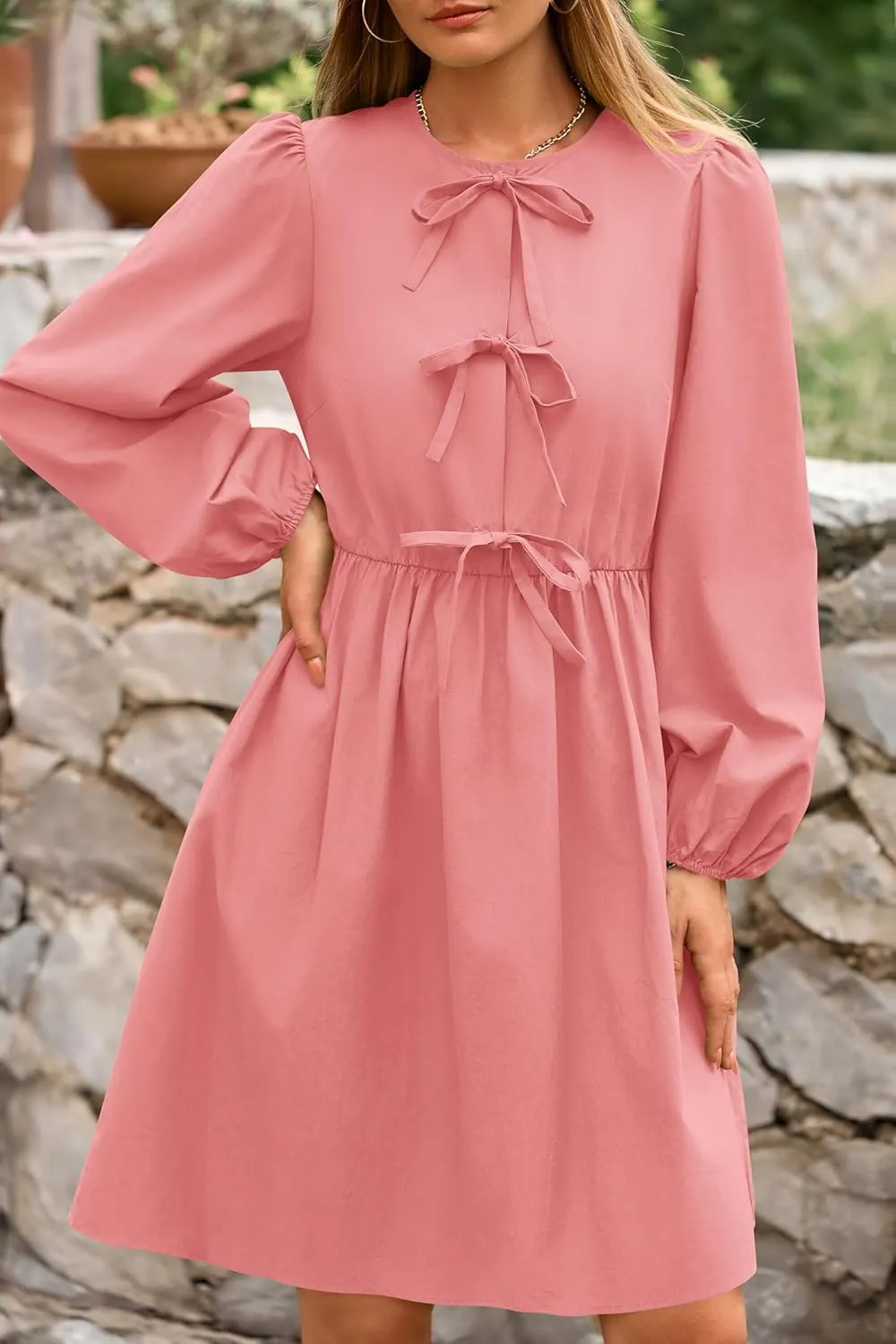 BTFBM Women's Casual Short Dress 2025 Bow Tie Front Puff Long Sleeve Button A Line Cute Y2K Going Out Dresses Pockets