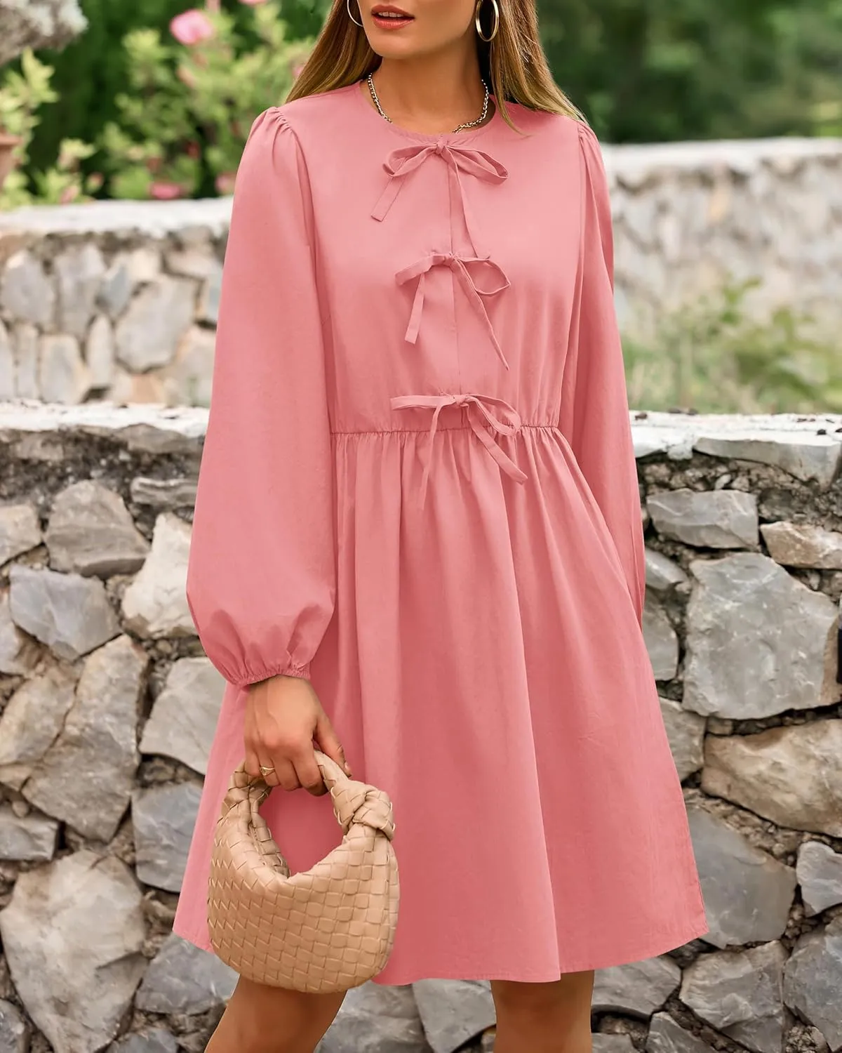 BTFBM Women's Casual Short Dress 2025 Bow Tie Front Puff Long Sleeve Button A Line Cute Y2K Going Out Dresses Pockets