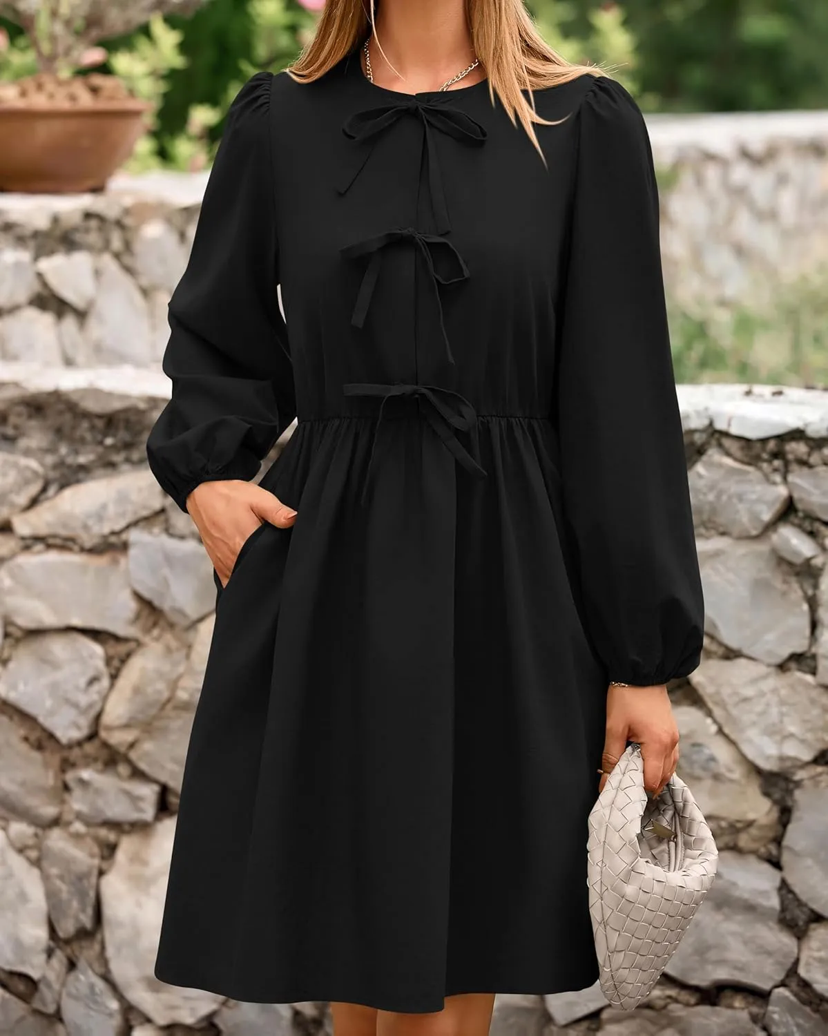 BTFBM Women's Casual Short Dress 2025 Bow Tie Front Puff Long Sleeve Button A Line Cute Y2K Going Out Dresses Pockets