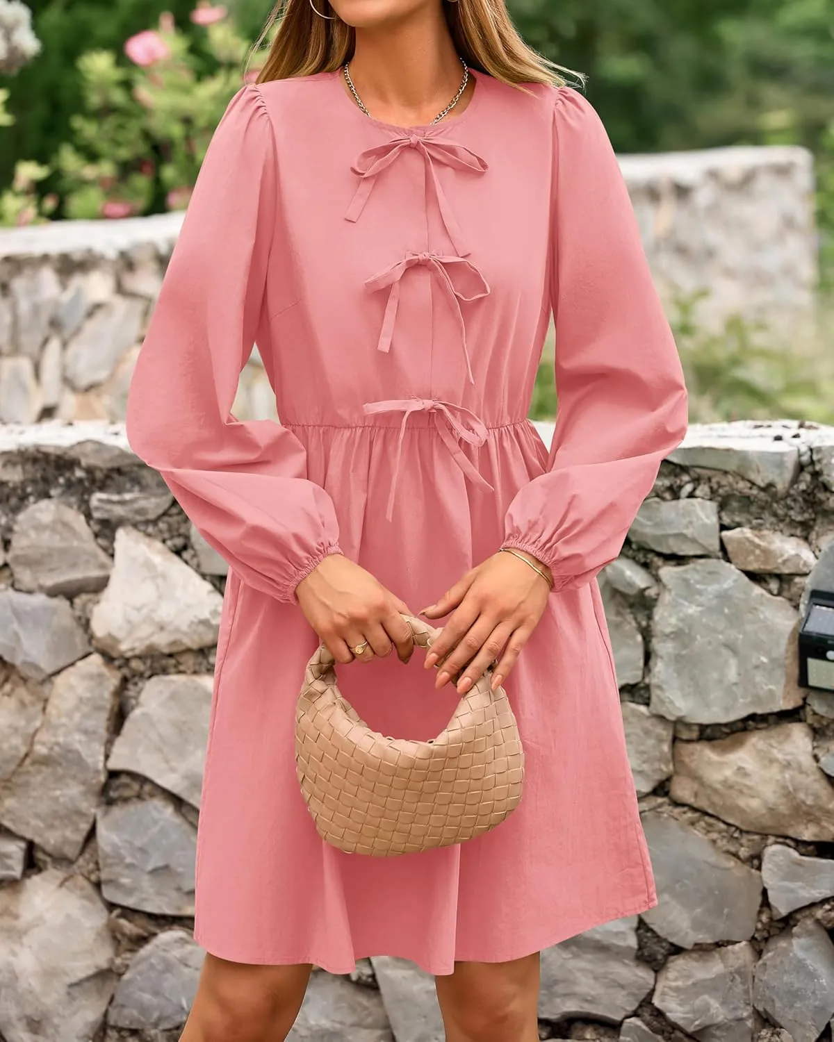 BTFBM Women's Casual Short Dress 2025 Bow Tie Front Puff Long Sleeve Button A Line Cute Y2K Going Out Dresses Pockets
