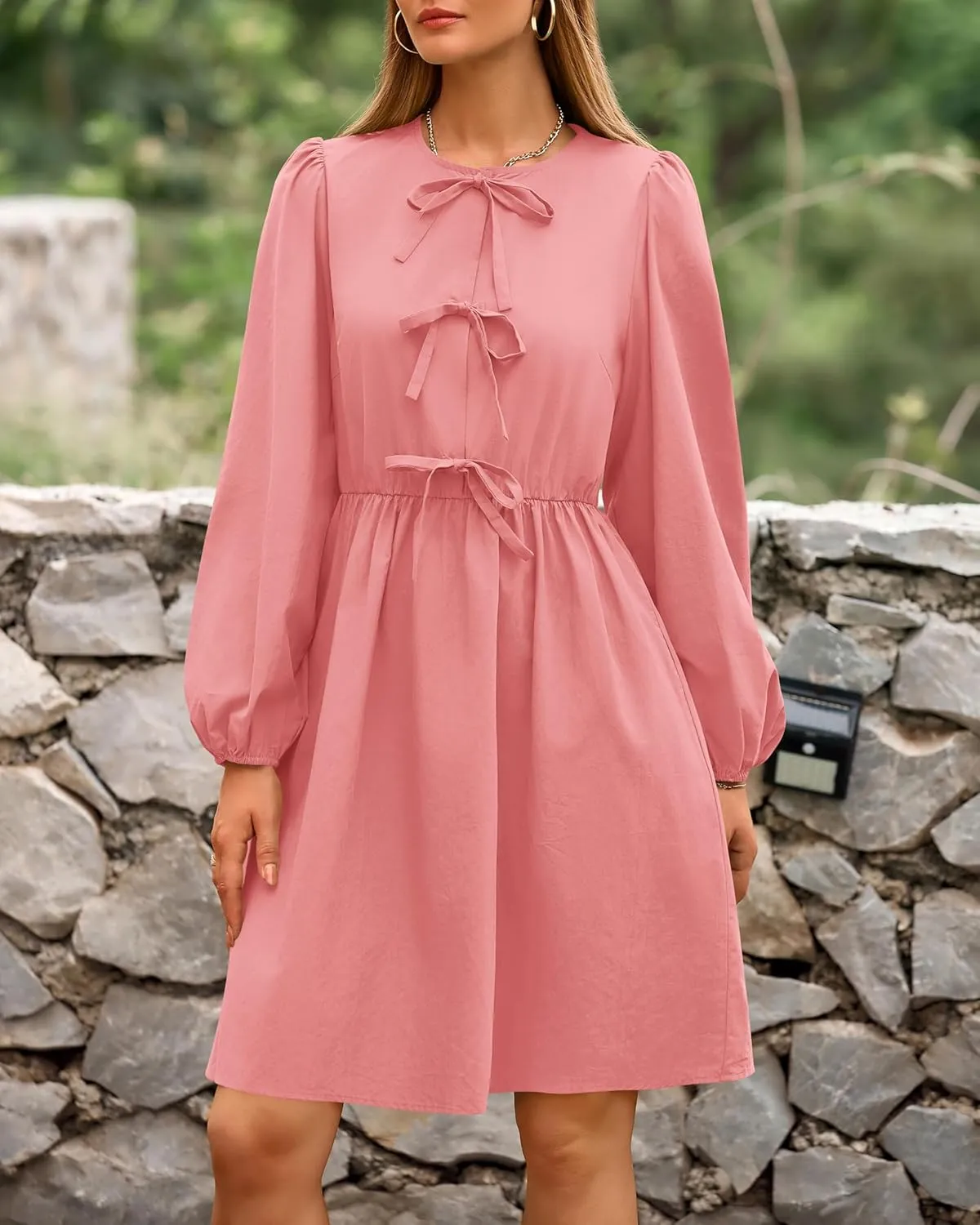 BTFBM Women's Casual Short Dress 2025 Bow Tie Front Puff Long Sleeve Button A Line Cute Y2K Going Out Dresses Pockets