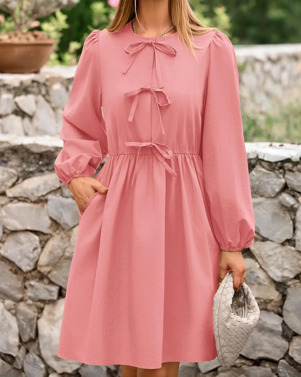 BTFBM Women's Casual Short Dress 2025 Bow Tie Front Puff Long Sleeve Button A Line Cute Y2K Going Out Dresses Pockets