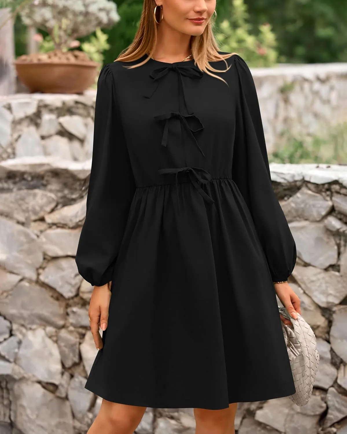 BTFBM Women's Casual Short Dress 2025 Bow Tie Front Puff Long Sleeve Button A Line Cute Y2K Going Out Dresses Pockets