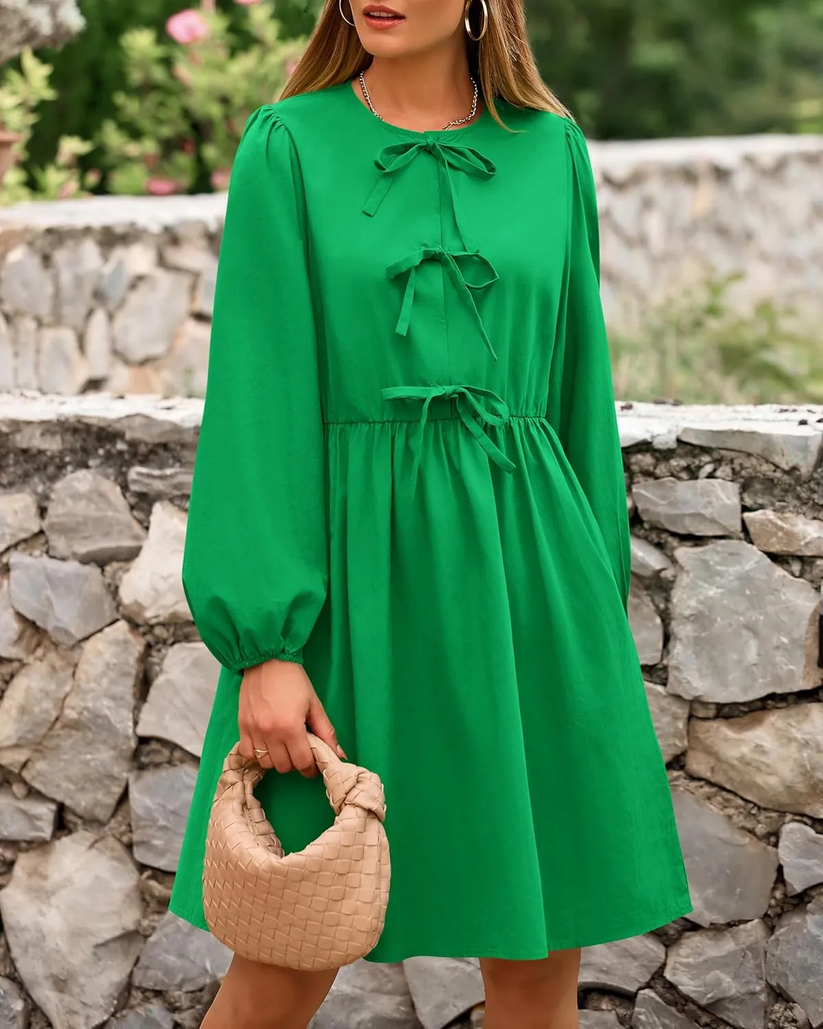 BTFBM Women's Casual Short Dress 2025 Bow Tie Front Puff Long Sleeve Button A Line Cute Y2K Going Out Dresses Pockets
