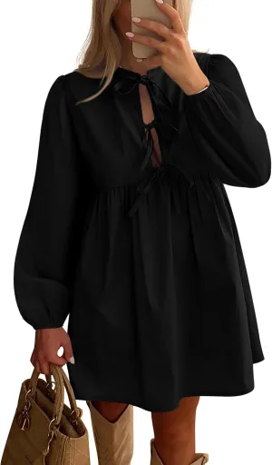 BTFBM Women's Casual Short Dress 2025 Bow Tie Front Puff Long Sleeve Button A Line Cute Y2K Going Out Dresses Pockets