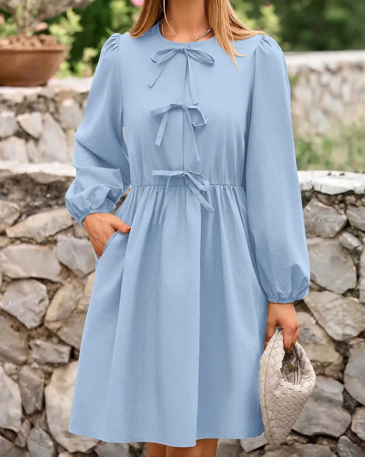 BTFBM Women's Casual Short Dress 2025 Bow Tie Front Puff Long Sleeve Button A Line Cute Y2K Going Out Dresses Pockets