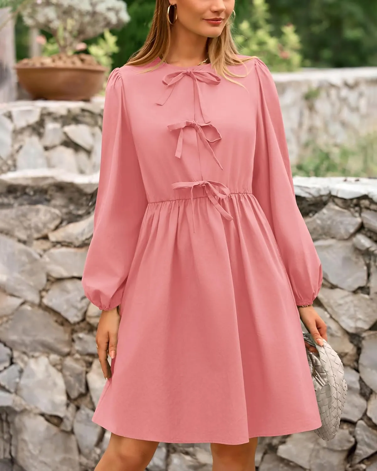 BTFBM Women's Casual Short Dress 2025 Bow Tie Front Puff Long Sleeve Button A Line Cute Y2K Going Out Dresses Pockets