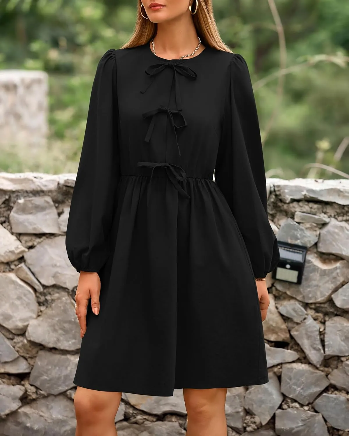 BTFBM Women's Casual Short Dress 2025 Bow Tie Front Puff Long Sleeve Button A Line Cute Y2K Going Out Dresses Pockets