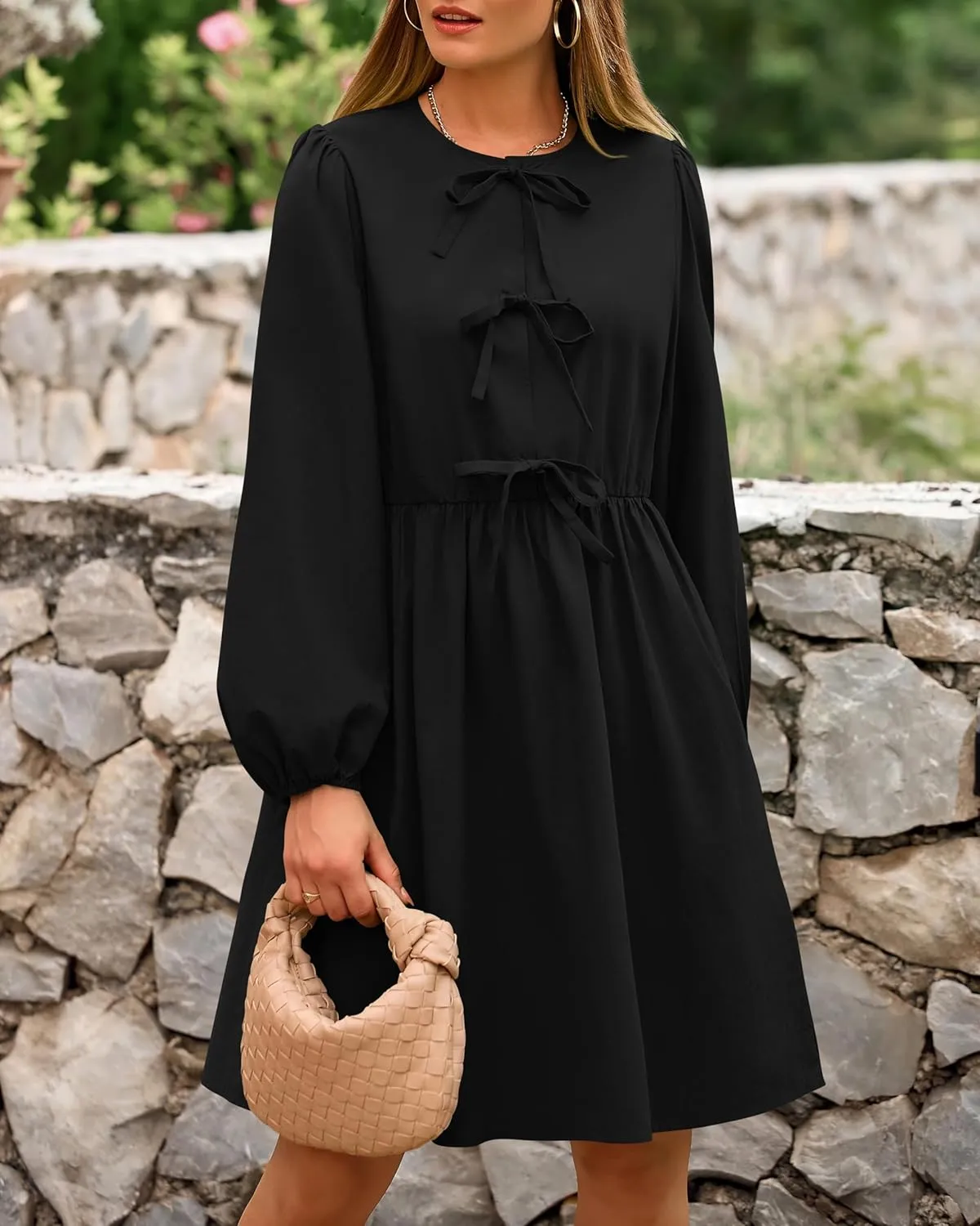 BTFBM Women's Casual Short Dress 2025 Bow Tie Front Puff Long Sleeve Button A Line Cute Y2K Going Out Dresses Pockets