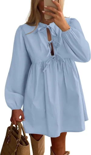 BTFBM Women's Casual Short Dress 2025 Bow Tie Front Puff Long Sleeve Button A Line Cute Y2K Going Out Dresses Pockets