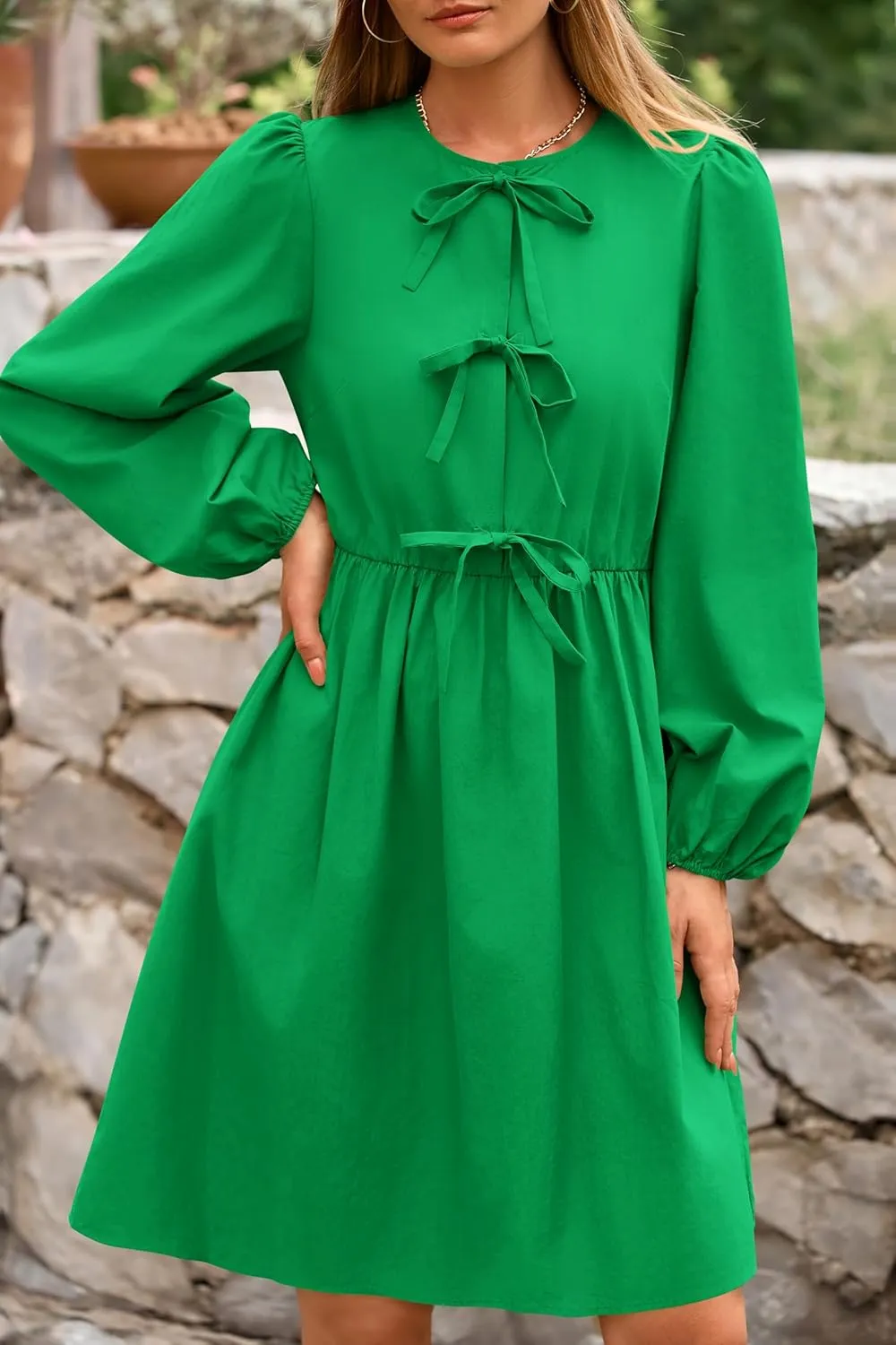 BTFBM Women's Casual Short Dress 2025 Bow Tie Front Puff Long Sleeve Button A Line Cute Y2K Going Out Dresses Pockets