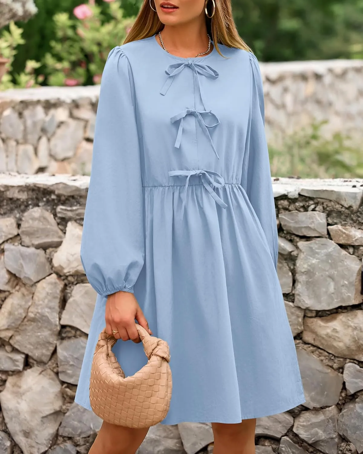 BTFBM Women's Casual Short Dress 2025 Bow Tie Front Puff Long Sleeve Button A Line Cute Y2K Going Out Dresses Pockets