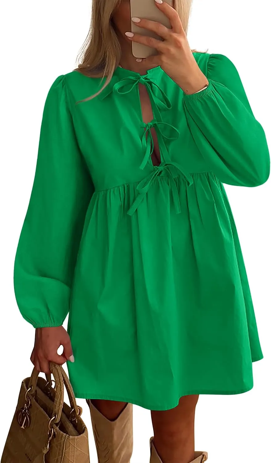 BTFBM Women's Casual Short Dress 2025 Bow Tie Front Puff Long Sleeve Button A Line Cute Y2K Going Out Dresses Pockets