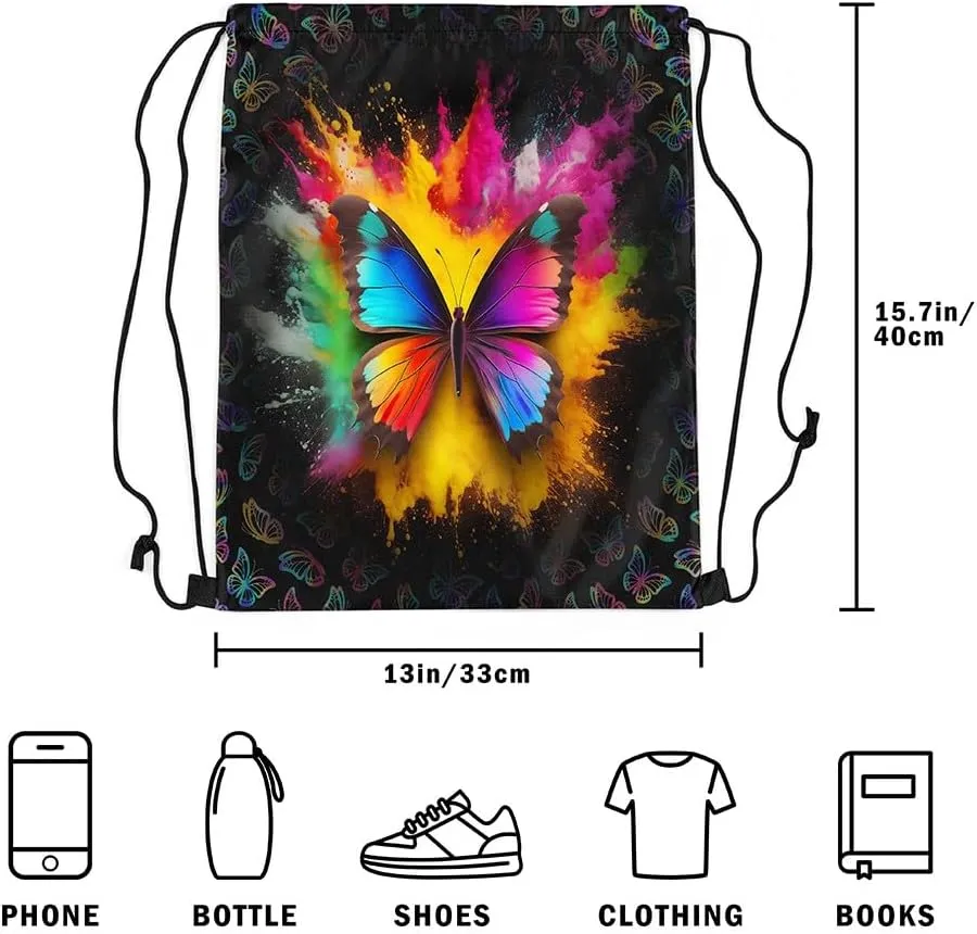 Butterfly Drawstring Backpack,Colorful Tie Dye Butterfly String Bag,Chic Animal Reversible Sackpack,Country Romantic Style Cinch Bag 13X15.7 for Sport Camping Traveling,Black Rainbow