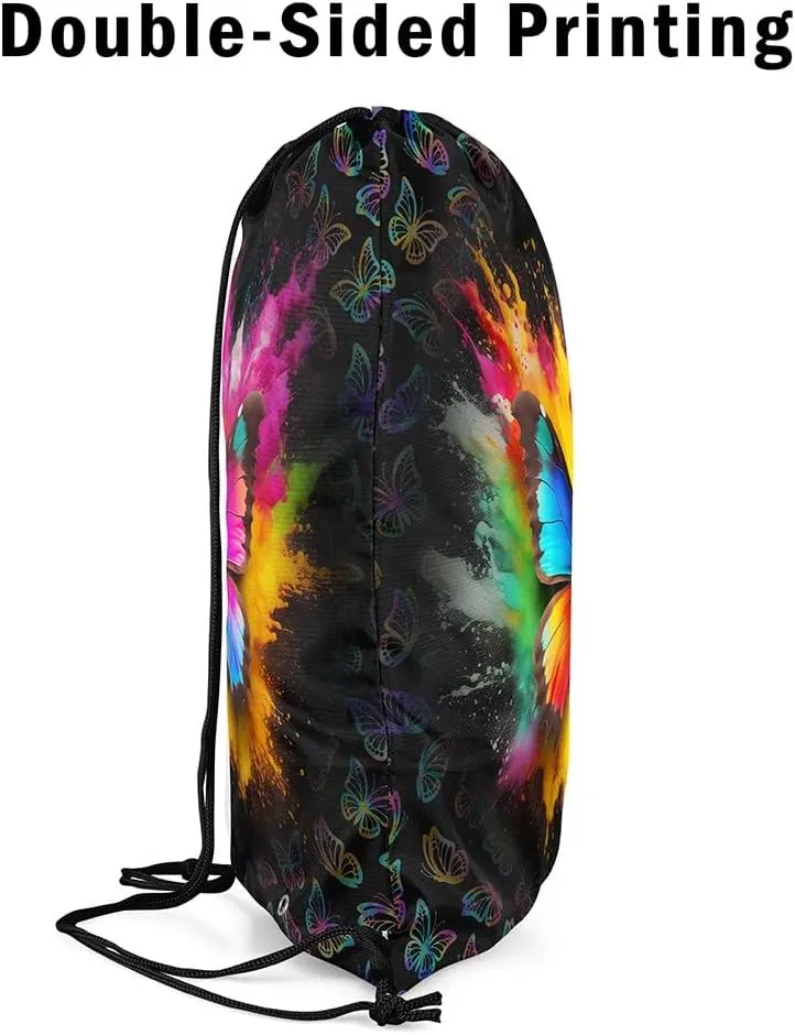 Butterfly Drawstring Backpack,Colorful Tie Dye Butterfly String Bag,Chic Animal Reversible Sackpack,Country Romantic Style Cinch Bag 13X15.7 for Sport Camping Traveling,Black Rainbow
