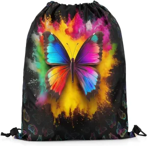 Butterfly Drawstring Backpack,Colorful Tie Dye Butterfly String Bag,Chic Animal Reversible Sackpack,Country Romantic Style Cinch Bag 13X15.7 for Sport Camping Traveling,Black Rainbow