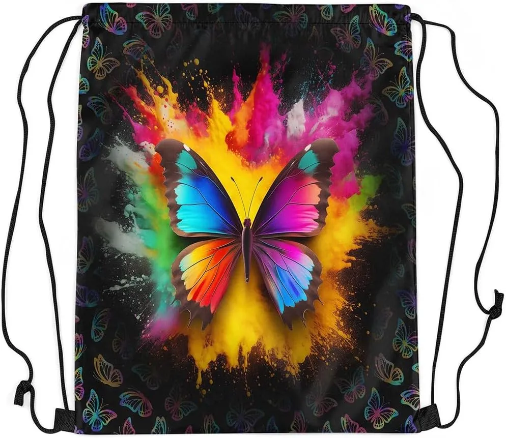 Butterfly Drawstring Backpack,Colorful Tie Dye Butterfly String Bag,Chic Animal Reversible Sackpack,Country Romantic Style Cinch Bag 13X15.7 for Sport Camping Traveling,Black Rainbow