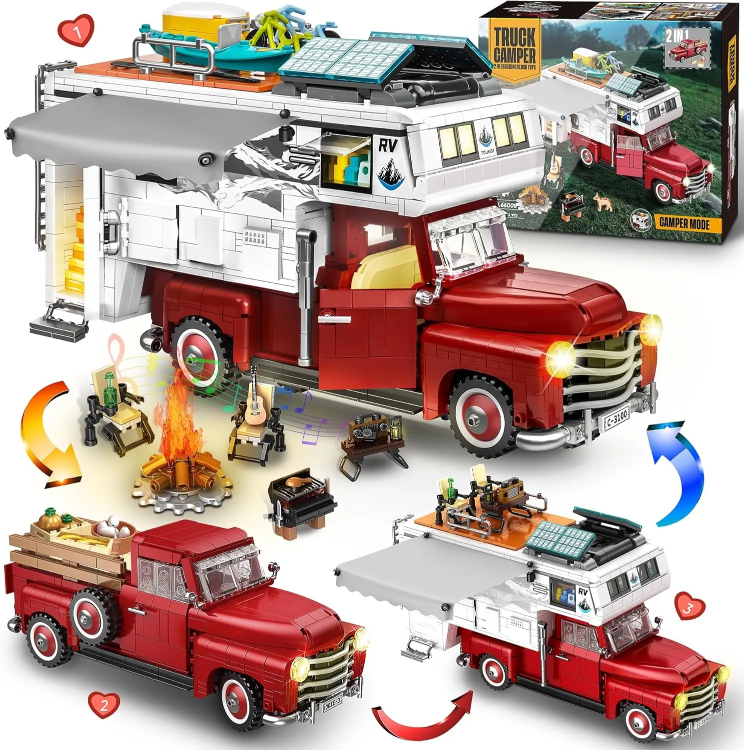 Camper Van Buliding Block for Adults, 2 in 1 Include Camper Rvs and Farm Pick-up Trucks Building Block Gift for Teens and Adults, Farm Trucks Building Set Present for Kids, 2188Pcs