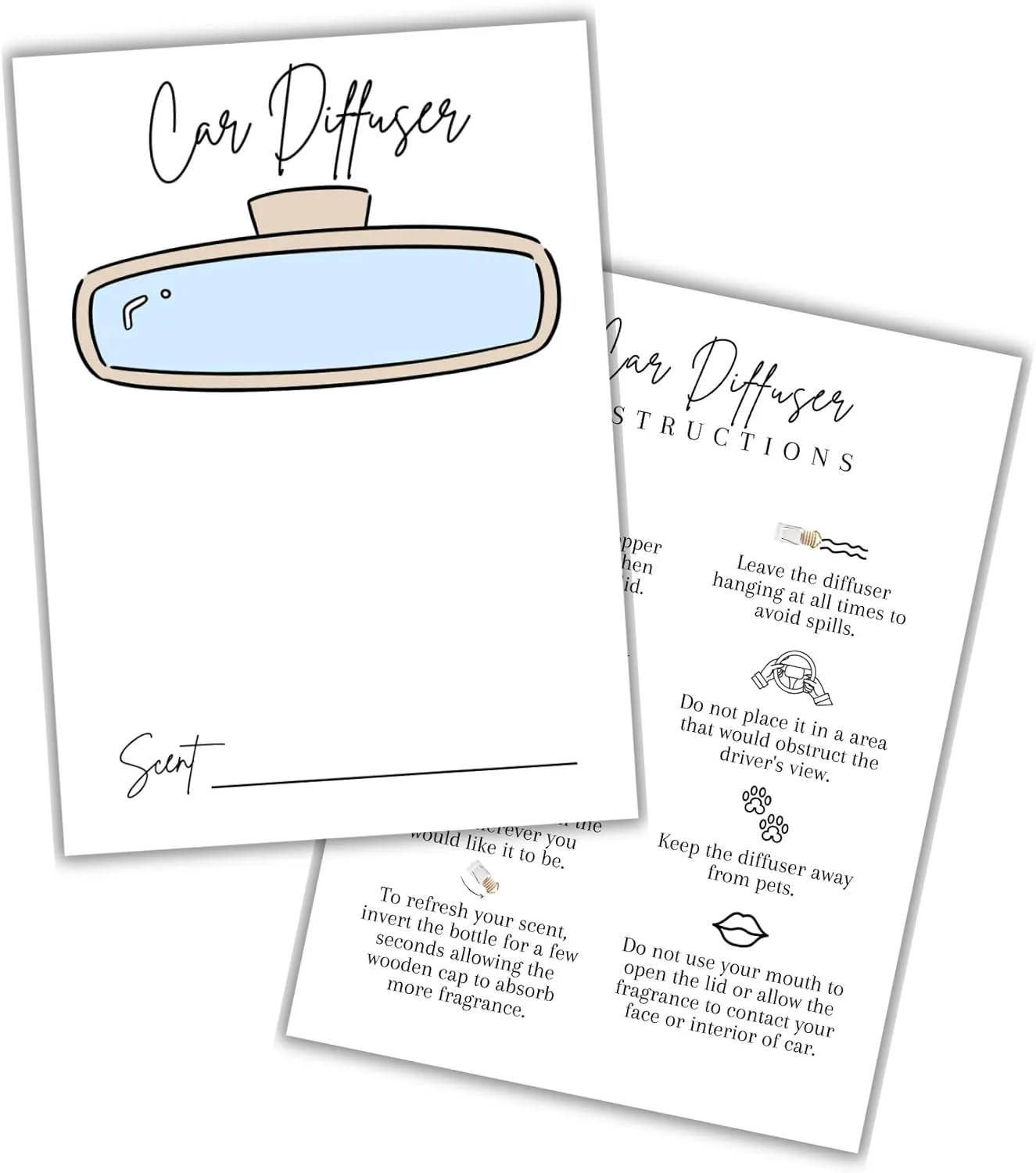 Car Oil Diffuser Package Bag Insert Care Instruction Cards | 50 pk 5x7” Dble Sided White Simple fits in 6x9” for Holographic Bags Warning Inserts Cardstock Reed Bullet Wooden Top Product Client