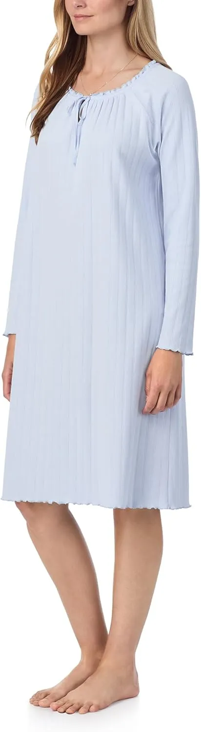 Carole Hochman Women's 42'' Cotton Pointelle Waltz Nightgown – Soft Breathable Sleepwear with Elegant Lettuce Edge & Bow Tie