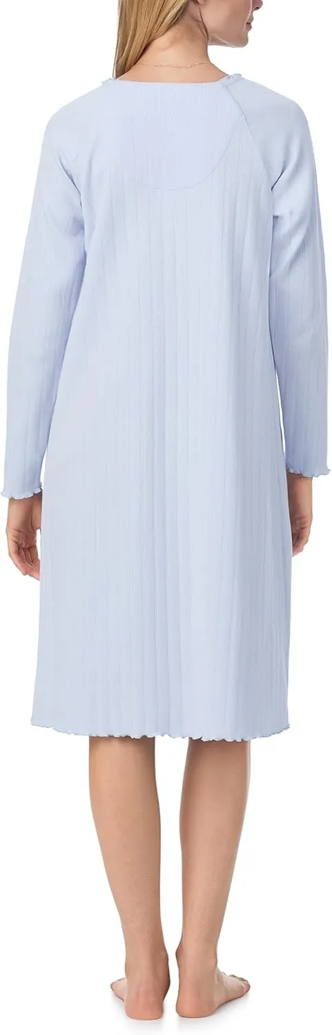 Carole Hochman Women's 42'' Cotton Pointelle Waltz Nightgown – Soft Breathable Sleepwear with Elegant Lettuce Edge & Bow Tie