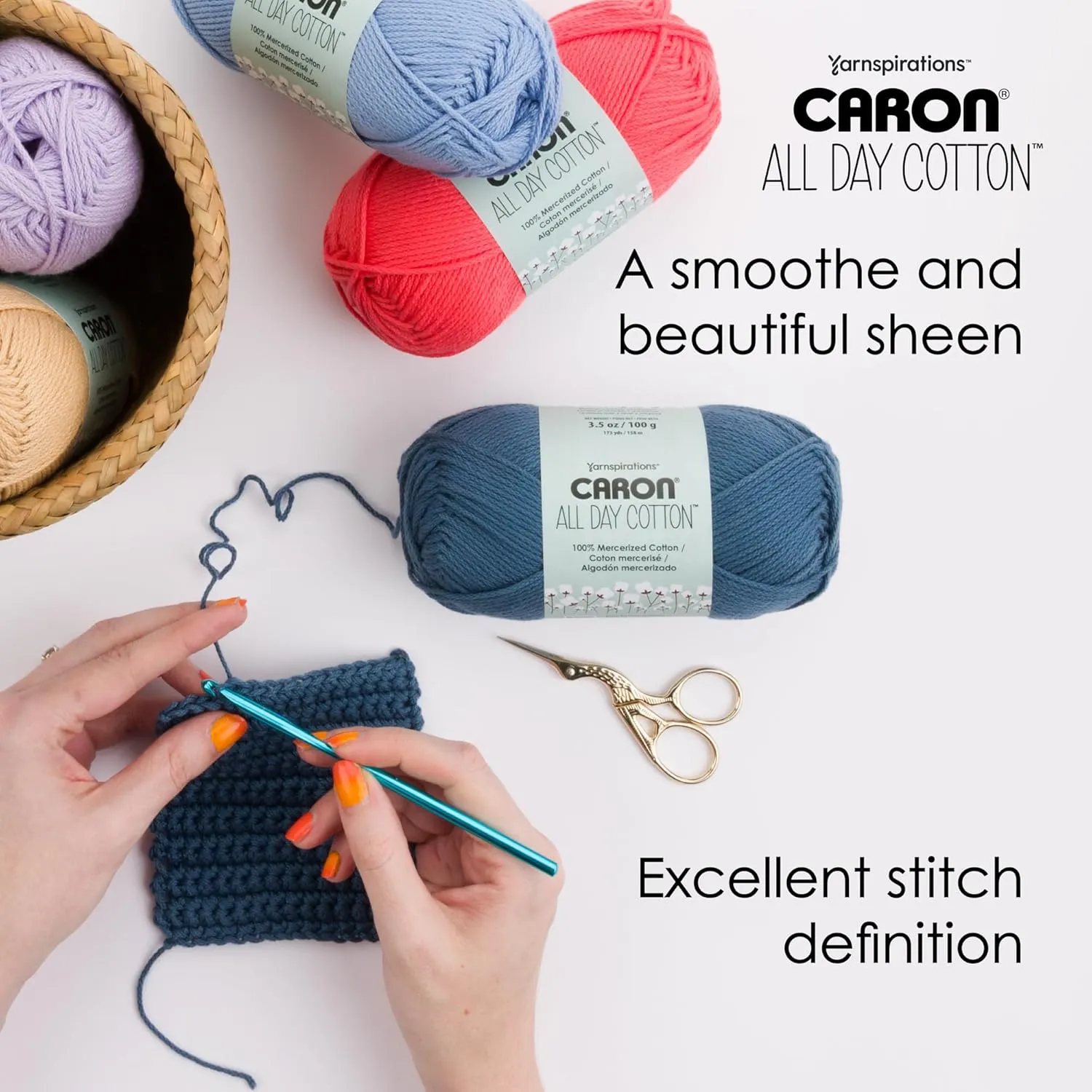 Caron All Day Cotton - 3 Pack of 173 Yards/3.52 oz Country Blue 100% Mercerized Cotton Yarn
