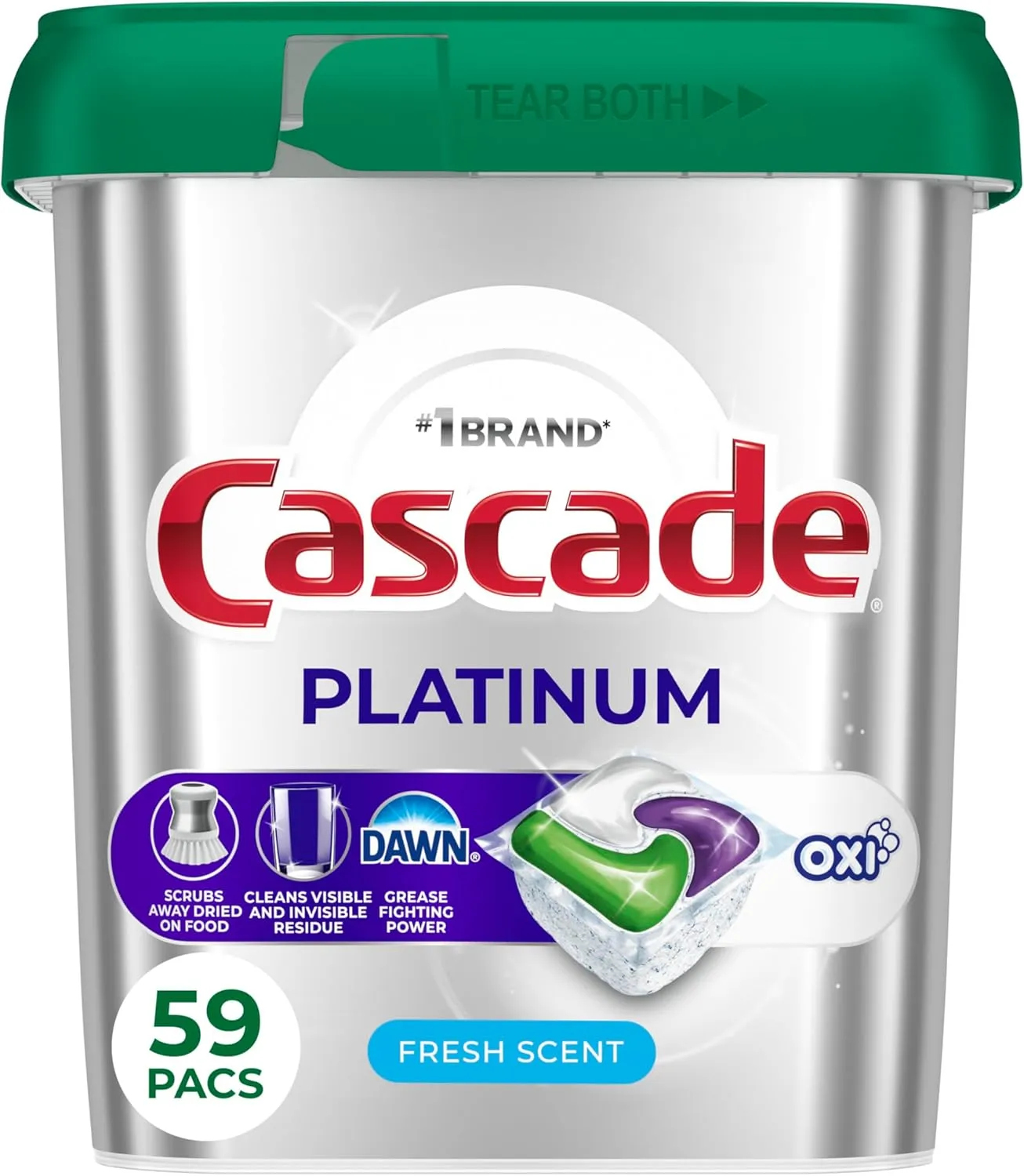 Cascade Platinum   Oxi Dishwasher Pods, Dishwasher Detergent, Dish Detergent Soap, Fresh, 59 Count