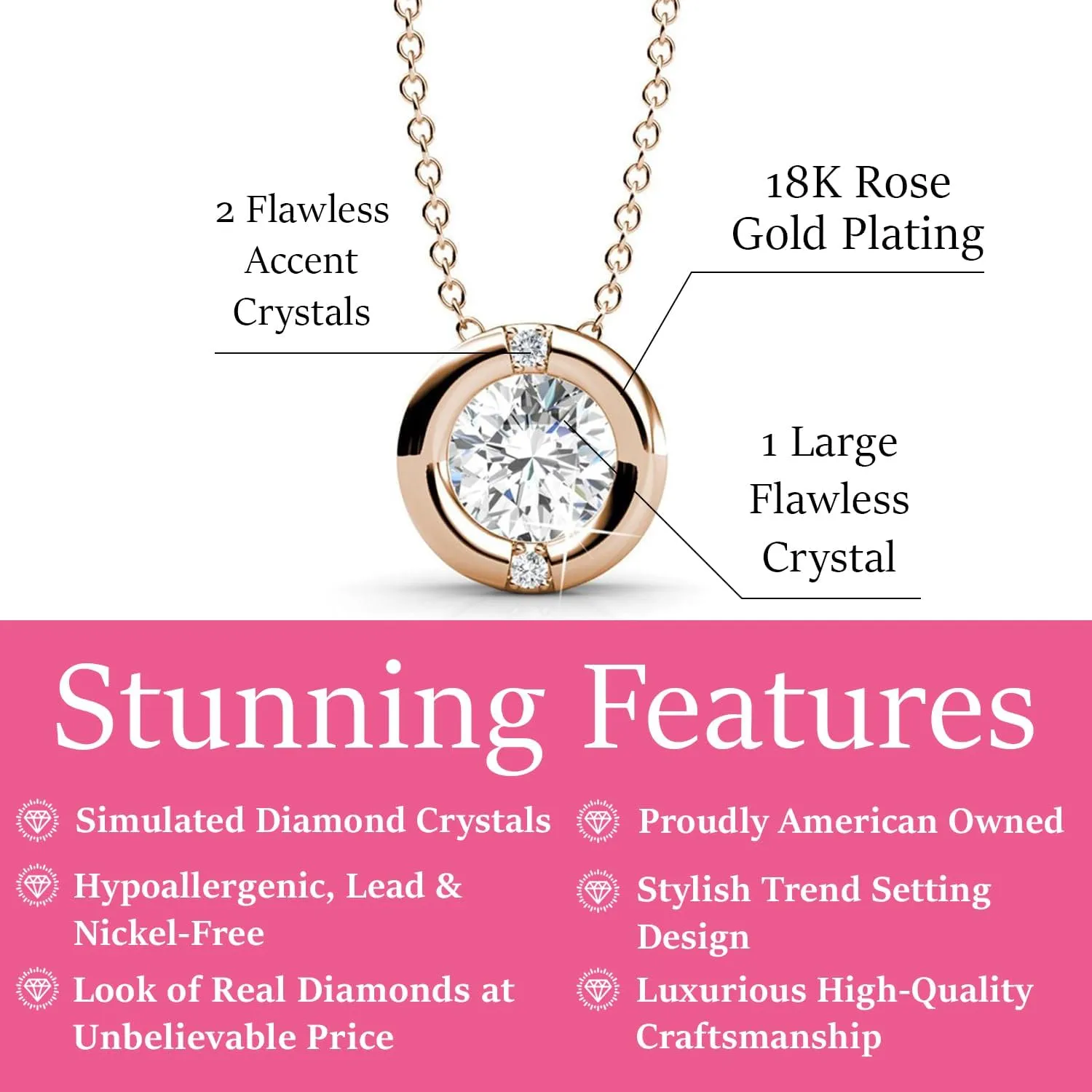 Cate & Chloe Zara 18k White Gold Chain Pendant Necklace with Crystal, Beautiful Classic Sparkling Necklace with Crystals, Round Diamond Cut Solitaire