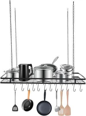 Ceiling Pot Rack with 12 Hooks - 31.5x15.7x1.97 Inch Multi-Purpose Organizer for Home, Restaurant, Kitchen Cookware Organization
