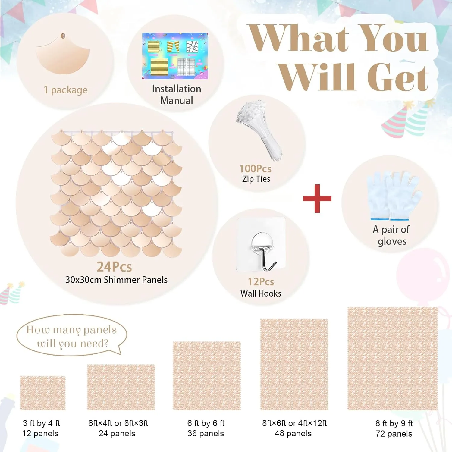 Champagne Shimmer Wall Backdrop 24 Panels Photo Backdrop Sequin Wall Panel Backdrop for Birthday Wedding Engagement Mermaid Wall Disco Backdrop Decoration